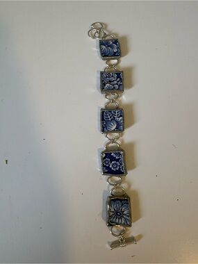 Handcrafted Blue Floral Tile Link Bracelet - Unbranded
